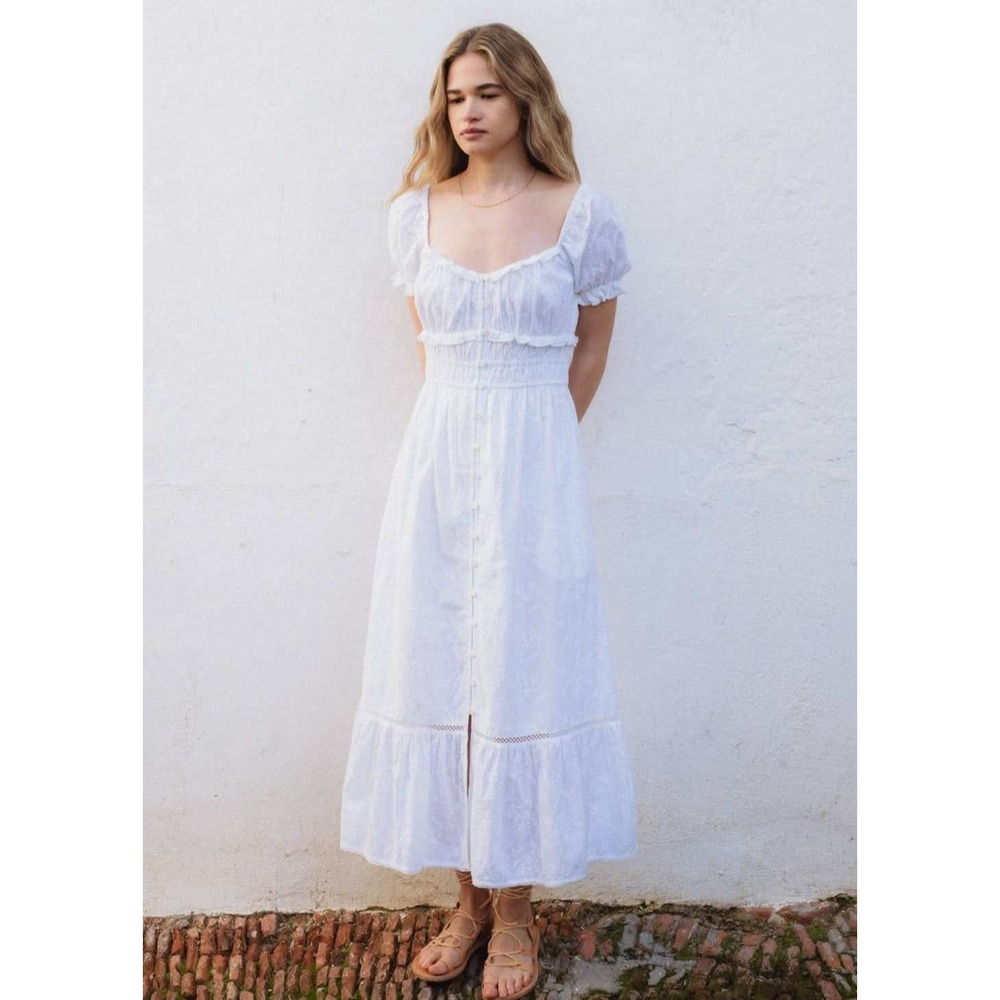 Sonmer White Mary Eyelet Dress Cotton Button‎ Front Puff Sleeve Maxi size XL NWT